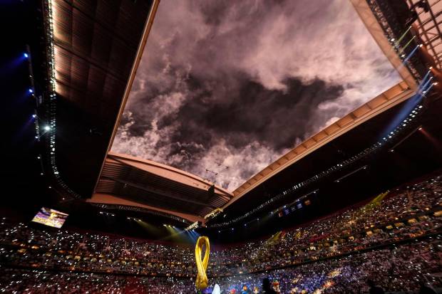 Smoke from fireworks is seen over the stadium at the opening ceremony prior he World Cup, group A soccer match between Qatar and Ecuador at the Al Bayt Stadium in Al Khor. (AP Photo)