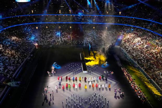 Aritsts perform during the opening ceremony before the World Cup, group A soccer match between Qatar and Ecuador at the Al Bayt Stadium in Al Khor , Qatar. (AP Photo)