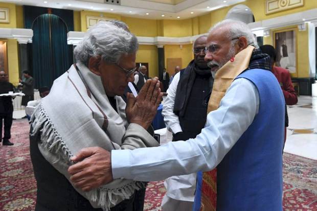 Prime Minister Narendra Modi with CPM general secretary Sitaram Yechury during the all-party meeting on G20 summit, in New Delhi. (PTI Photo)