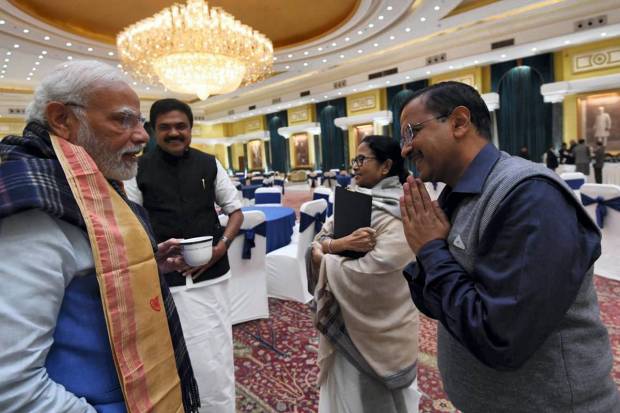 Prime Minister Narendra Modi with Delhi Chief Minister Arvind Kejriwal with West Bengal Chief Minister Mamata Banerjee during the all-party meeting on G20 summit, in New Delhi. (PTI Photo)