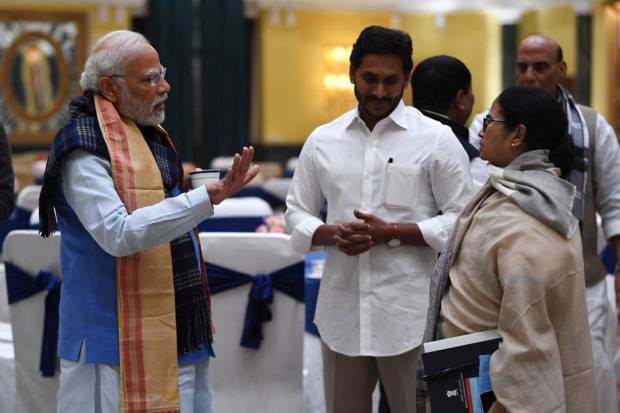 Prime Minister Narendra Modi with Andhra Pradesh Chief Minister Jagan Mohan Reddy and West Bengal Chief Minister Mamata Banerjee during the all-party meeting on G20 summit, in New Delhi. (PTI Photo)