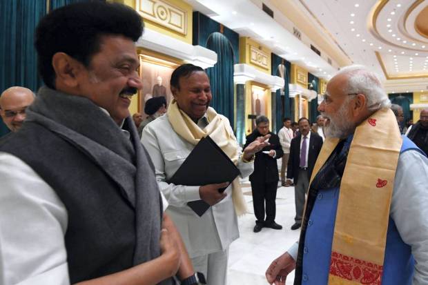 Prime Minister Narendra Modi with Tamil Nadu CM MK Stalin during the all-party meeting on G20 summit, in New Delhi. DMK senior leader T. R. Baalu also seen. (PTI Photo)