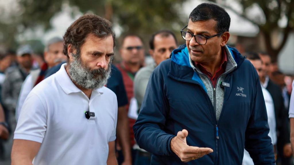 Congress leader Rahul Gandhi with former RBI governor Raghuram Rajan during the party's Bharat Jodo Yatra, in Sawai Madhopur district, Wednesday, Dec. 14, 2022. (PTI Photo)
