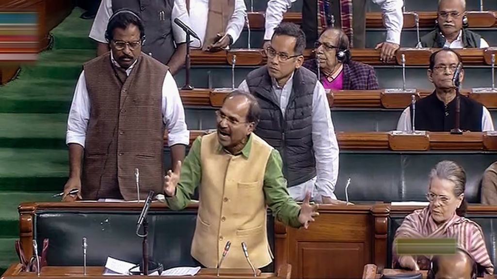 Congress MP Adhir Ranjan Chowdhury speaks in the Lok Sabha during Winter Session of Parliament, in New Delhi, Wednesday, Dec. 14, 2022. (Photo: Video grab via Sansad TV)
