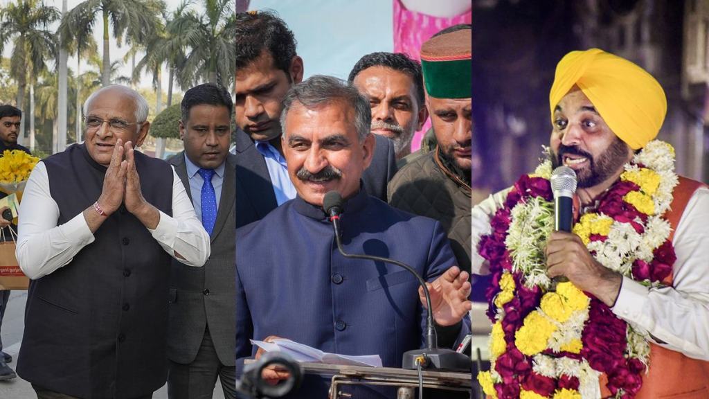 Gujarat Chief Minister Bhupendra Patel; Himachal CM Sukhwinder Singh Sukhu and Punjab CM Bhagwant Mann. (Photo: PTI)