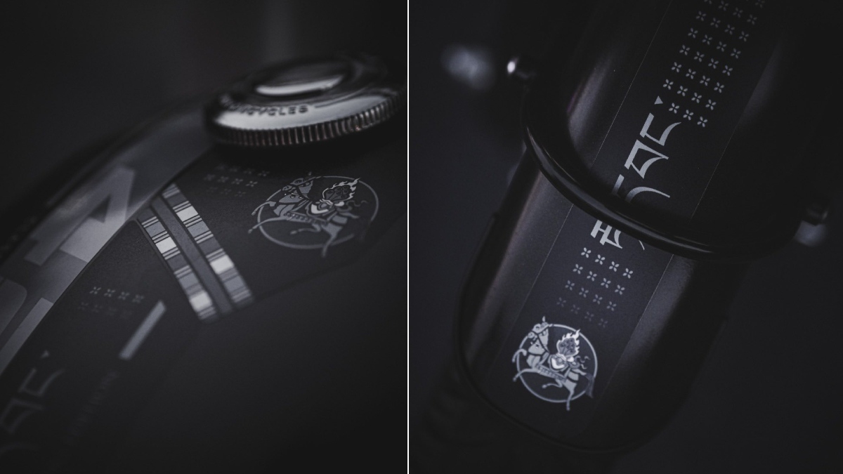 The motorcycle features a Lungta motif on the fuel tank and front fender along with other inscriptions inspired by the north-eastern region across body panels.
