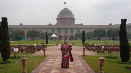 President Droupadi Murmu visits the Rashtrapati Bhavan gardens 'Amrit Udyan' ahead of the opening of Udyan Utsav- 2023, in New Delhi, Sunday, Jan. 29, 2023. (PTI Photo)
