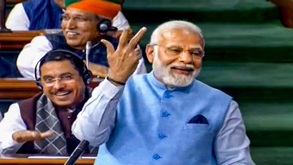 Prime Minister Narendra Modi replies to the Motion of Thanks on the President's address in the Lok Sabha during Budget Session of Parliament, in New Delhi, Wednesday, Feb. 8, 2023. (PTI Photo)
