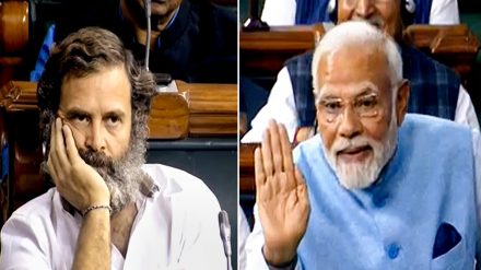 Prime Minister Narendra Modi replies to the Motion of Thanks on the President's Address as Congress MP Rahul Gandhi listens to him in the Lok Sabha during Budget Session of Parliament, in New Delhi, Wednesday, Feb. 8, 2023. (PTI Photo)