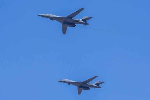 Bengaluru: US Air Force's B-1B Lancer Bomber jets arrive to take part in the Aero India 2023 on its 2nd day, at Yelahanka Air base in Bengaluru, Tuesday, Feb. 14, 2023. (PTI Photo/Shailendra Bhojak)(PTI02_14_2023_000141A)