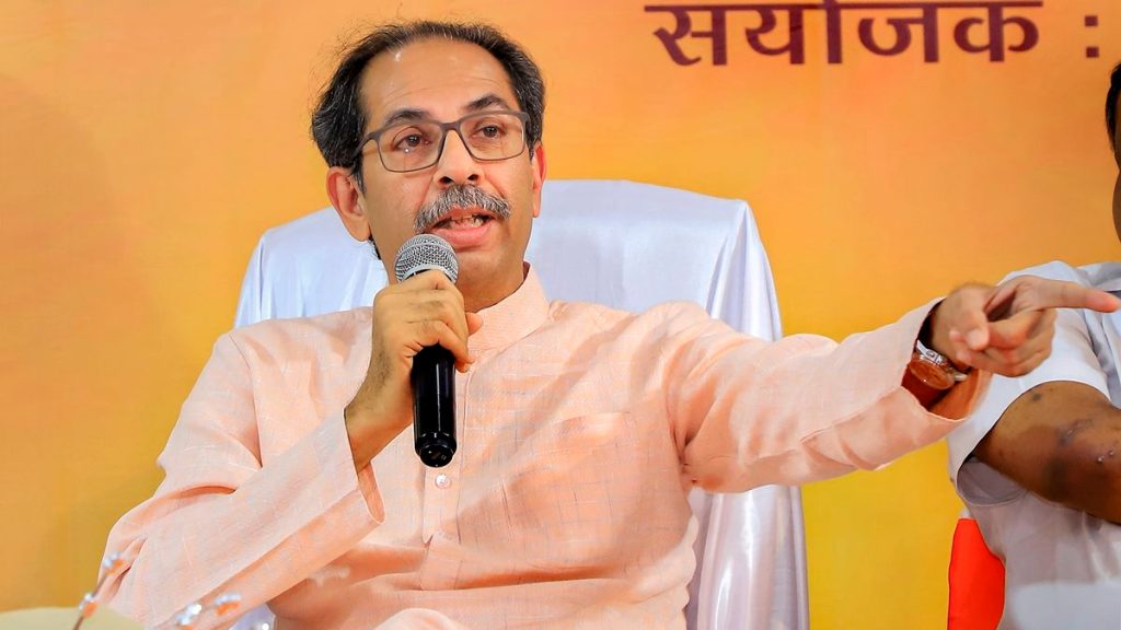 Former Maharashtra chief minister Uddhav Thackeray interatcs with the North Indian community, at Andheri, in Mumbai, Sunday, Feb. 19, 2023. (PTI Photo)
