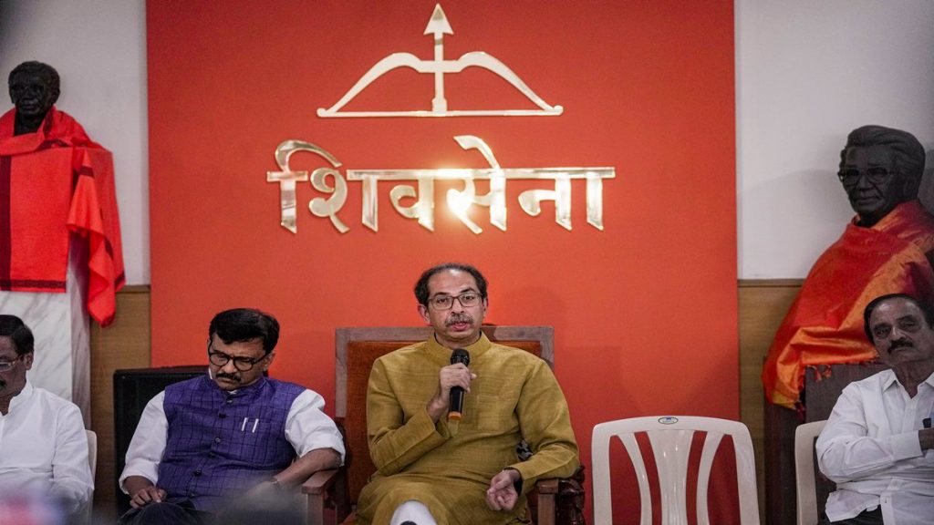 Former Maharashtra chief minister Uddhav Thackeray with Rajya Sabha MP Sanjay Raut addresses a press conference at Shiv Sena Bhavan in Mumbai, Monday, Feb. 20, 2023. (PTI Photo)
