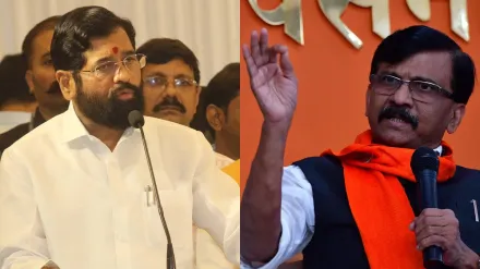 Maharashtra Chief Minister Eknath Shinde (L), Shiv Sena (Uddhav Balasaheb Thackeray) Rajya Sabha MP Sanjay Raut (R). 
