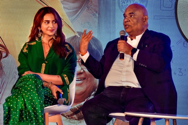 Bollywood actors Satish Kaushik and Rakul Preet Singh during the trailer launch of the film 'Chhatriwali' in Mumbai. (PTI photo)