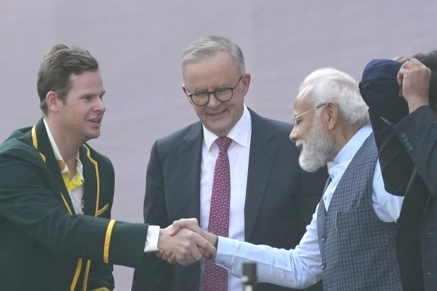 Prime Minister Narendra Modi shakes hand with Austrian cricket team captain Steven Smith. (AP photo)