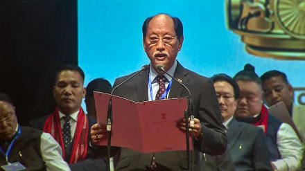 Nationalist Democratic Progressive Party (NDPP) leader Neiphiu Rio takes oath as Nagaland Chief Minister, at a ceremony in Kohima, Tuesday, March 7, 2023. (PTI Photo)