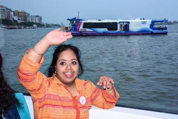 Kochi: A differently abled girl reacts while traveling in the first water metro at the Kochi Lake after its inauguration by Prime Minister Narendra Modi. (PTI Photo)