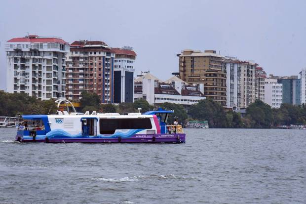 Kochi: The first water metro sails through the Kochi Lake after its inauguration by Prime Minister Narendra Modi, in Kochi. (PTI Photo)
