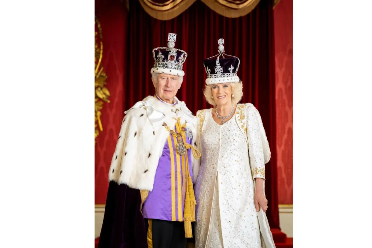 Britain's King Charles and Queen Camilla are pictured in the Throne Room at Buckingham Palace.