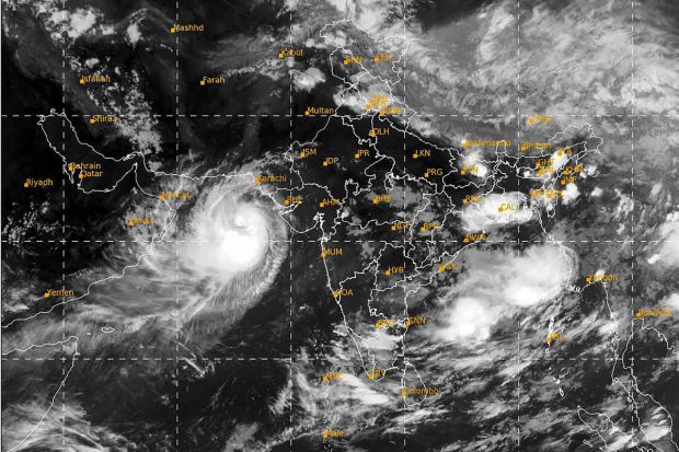 Satellite image taken between 08:30 pm to 08:56 pm IST shows the location of Cyclone Biparjoy in the Arabian Sea on Tuesday. (Photo Credits: PTI)