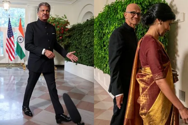 Indian billionaire businessman Anand Mahindra, Chairman of Mahindra Group and Microsoft CEO Satya Nadella along with his wife Anu Nadella arrived for the State Dinner with President Joe Biden and PM Narendra Modi at the White House. (Photo Credits: Reuters)