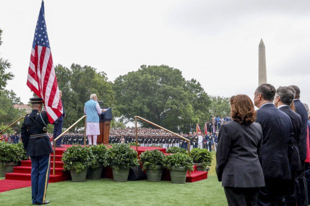 PM Narendra Modi addressed the people during the State Arrival Ceremony on the South Lawn of the White House on Thursday.(Photo Credits: PTI)