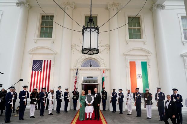 President Joe Biden and first lady Jill Biden welcome India's Prime Minister Narendra Modi as he arrives for a State Dinner on the North Portico of the White House in Washington. (Photo Credits: AP)