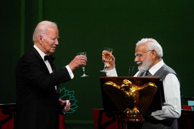 US President Joe Biden and India's Prime Minister Narendra Modi toast during an official state dinner at the White House. (Photo Credits: Reuters) 