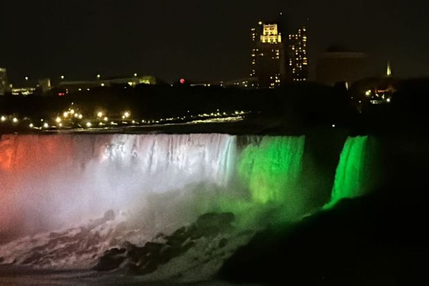 Niagara Falls bathed in the colours of Indian natonal flag amidst a fireworks, welcoming Prime Minister Narendra Modi during his State Visit to USA.(Photo Credits: PTI)