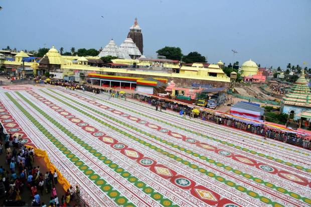 Puri: Rangoli decoration at grand road ahead of the Rath Yatra festival, in Puri. (PTI Photo)