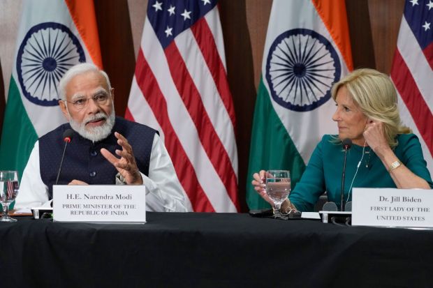 First lady Jill Biden and India's Prime Minister Narendra Modi visit the National Science Foundation in Alexandria on Wednesday. (Photo Credits: AP)