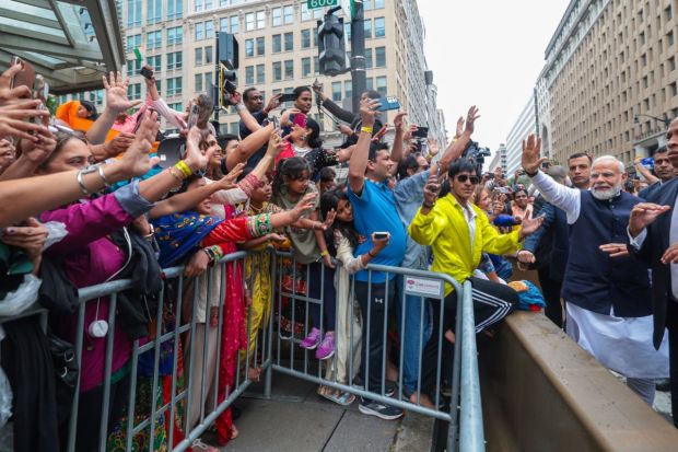 PM Modi received a rousing welcome at the Hotel Intercontinental Willard in Washington DC. The Indian diaspora greeted him as chants of ‘Vande Mataram’ reverberated in the area.(Photo Credits: PTI)