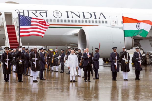 PM Narendra Modi being welcomed upon his arrival at the Joint Base Andrews airport in Washington on Wednesday. (Photo Credits: PTI)