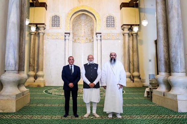 Prime Minister Narendra Modi during his visit to Al-Hakim mosque in Cairo, Egypt.(PTI Photo)