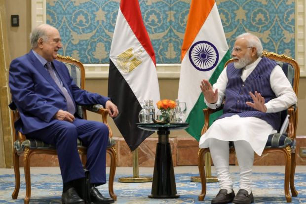 Prime Minister Narendra Modi with author and petroleum strategist Tarek Heggy during a meeting, in Cairo. (PTI Photo)