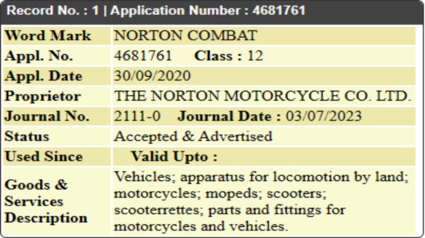 Trademark application of Norton Combat