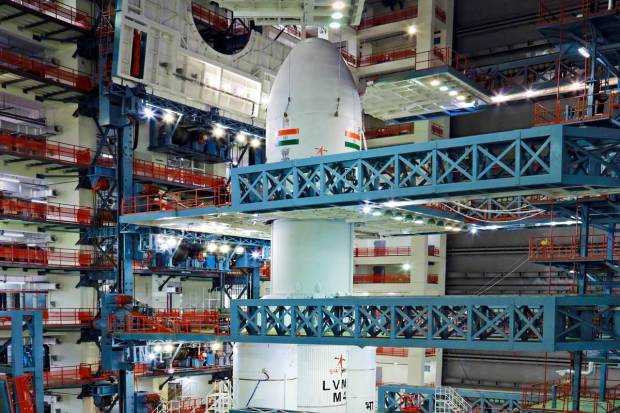 Chandrayaan-3 spacecraft being mated with LVM3 ahead if its launch, at the Satish Dhawan Space Station, in Sriharikota. (PTI Photo)