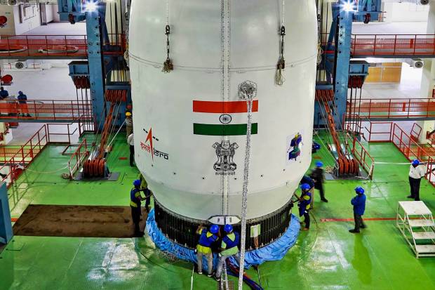 Chandrayaan-3 spacecraft being mated with LVM3 ahead if its launch, at the Satish Dhawan Space Station, in Sriharikota. (PTI Photo)