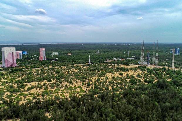 The Launch Vehicle Mark-III (LVM3) M4 vehicle with Chandrayaan-3 being moved to the launch pad at Satish Dhawan Space Centre, in Sriharikota. (PTI Photo)