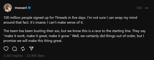 Adam Mosseri's post on Threads