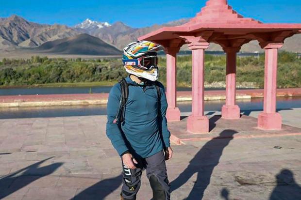 The Congress MP is seen in full biking gear including a helmet, gloves, riding boots, and a jacket. (Image/PTI)