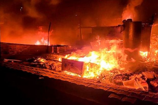 The violence that erupted in the Nuh district of Haryana on 31 July, steadily spread in Sector 70 in Gurugram where several shops and shanties were burnt into ashes by the mob. (Photo Credits: PTI)
