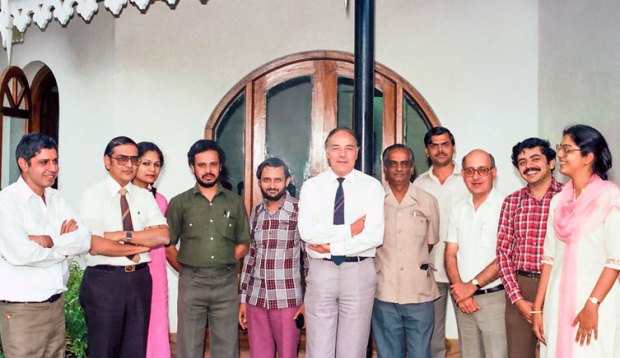 Formation of Titan Project group at Taj Westend, Bangalore. From left: Anil Manchanda, R.C. Hari Rao, a French Translator, MS Shantharam , B.G. Dwarakanath, Jacque Robert, IK Amitha, BN Yalamalli, Xerxes Desai, Bhaskar Bhat and Vibha Rishi/ Source: Tata