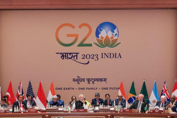 After paying homage, the world other leaders then attended the third and concluding session of the G20 Summit, called “One Future”, at Bharat Mandapam. (Image/PTI)