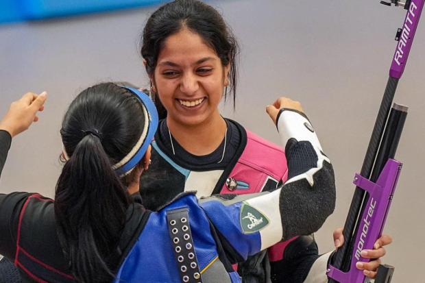 Mehuli and Ramita share a hug after the latter secured a bronze medal in 10m air rifle category at the19th Asian Games, in Hangzhou. (Image/PTI)
