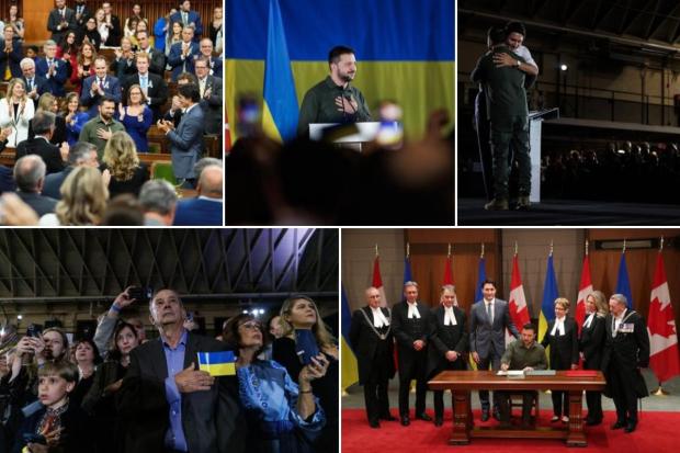 Ukrainian President Volodymyr Zelensky landed in Canada on Friday for his first visit since the Russian invasion, amid growing uncertainties about international aid for Kyiv. Canadian television broadcasted Prime Minister Justin Trudeau greeting President Zelensky and the first lady upon their arrival in Ottawa. Zelensky’s journey follows his visit to Washington, where he sought additional funding, though the outcome in the US Congress remains uncertain. (All Images/Bloomberg)