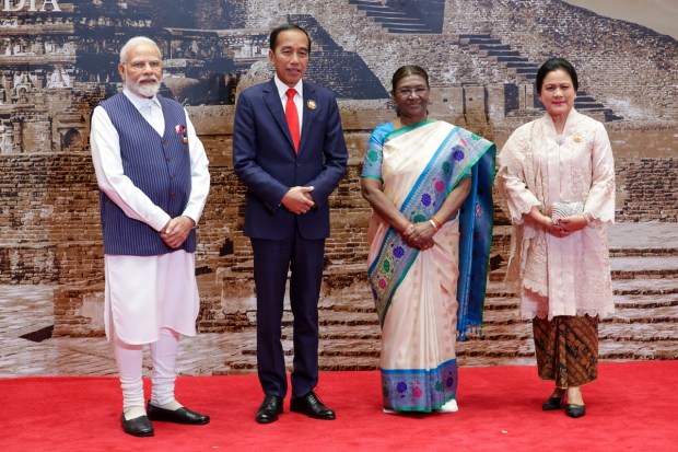 President of Indonesia Joko Widodo with President Murmu and PM Modi at Bharat Mandapam. (PTI Photo)