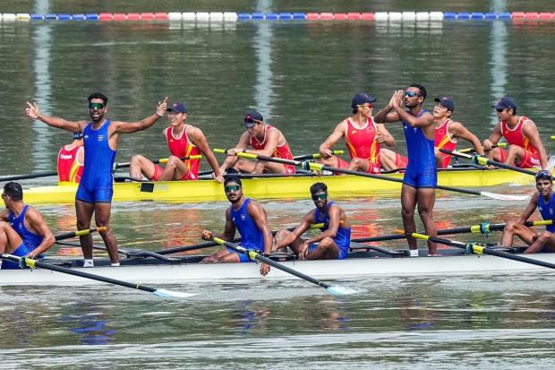 The team members of the Men's eights team celebrate after finishing second at the 19th Asian Games, in Hangzhou, China, on Sunday. (Image/PTI)