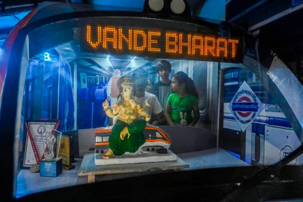 Lord Ganesha idol under a 'pandal' that is decorated on the theme of the latest development in India as it is done every year by Interior Designer Deepak Lavjibhai Makwan at his residence for the Ganesh Chaturthi festival, in Mumbai. (PTI Photo)