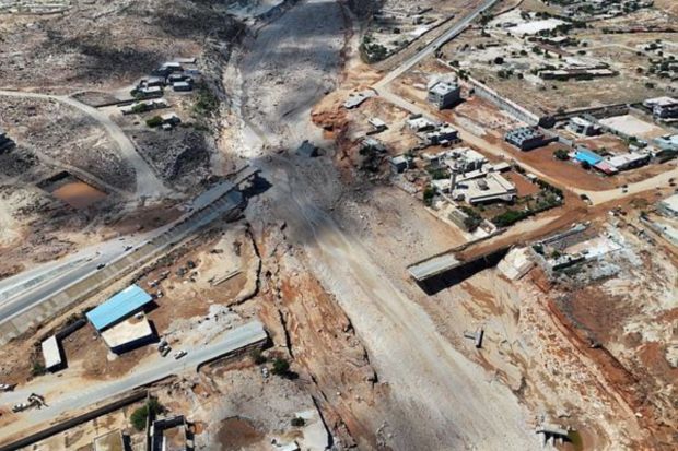 A view shows the collapsed bridges, in the aftermath of the floods. Floodwaters gushed down Wadi Derna, a valley that cuts through the city, crashing through buildings and washing people out to sea. (Marwan Alfaituri/via REUTERS)